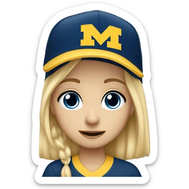 Blonde girl with blue eyes crying wearing University of Michigan hat sticker