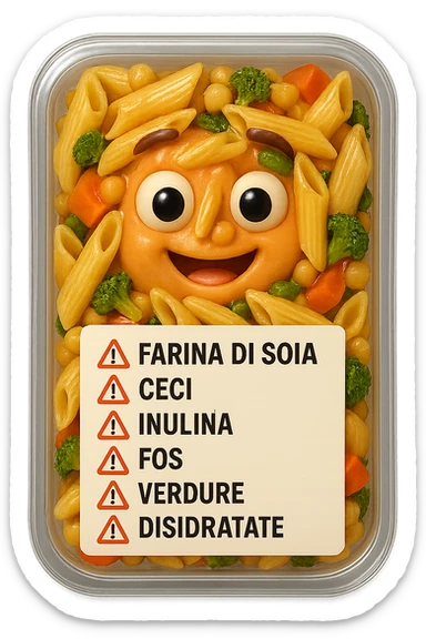 SU QUESTO STILE FAI UN EMOJI STILE IPHONE 3D DI UN insalata di pasta precotta preconfezionata con ETICHETTA CON GLI INGREDIENTI SCRITTI, "farina di soia, ceci, inulina, FOS, GOS, verdure disidratate" accanto ad ogni nome scritto mettici un segnale di allarme, FALLO MOLTO REALISTICO IN 3D sticker