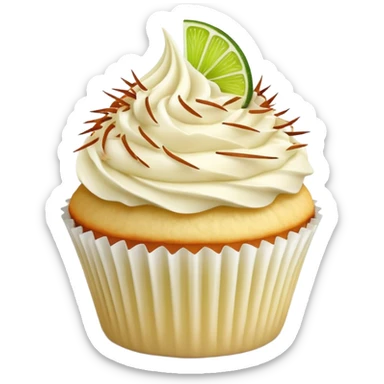 Vanilla cupcake with vanilla frosting with shredded toasted coconut on top and lime sticker