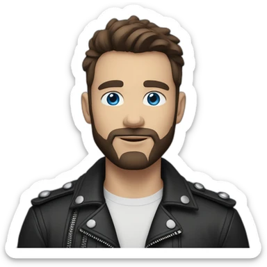 solo young man with short dark brown undercut hair, blue eyes, sporting a short beard, embodying a biker aesthetic, his gaze sharp sticker