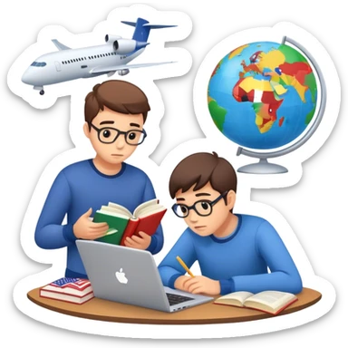 "A worried parent reading a book about exams 📖😟, a teenager studying with a laptop 💻📚, a globe with flags of different countries 🌍🏳️‍🌈, and an airplane taking off ✈️. sticker