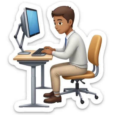 Looking down, full-length portrait of a professional working diligently at a computer. sticker