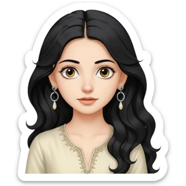 a pretty bratz fair girl with long wavy black hair, kajal under eyes, small silver hoop. ivory coloured kurti sticker