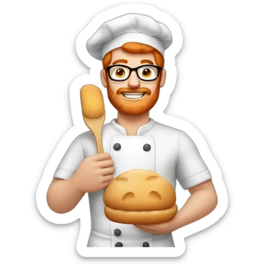 a redhead man eating bread dressed as a baker wearing glasses sticker