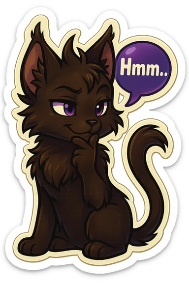 a dark-brown fluffy cute kawaii anthropomorphic furry anime cat-furry with tufted ears and a long thin tufted tail, thinking, smirking thoughtfully, saying “Hmm..” with a purple speech bubble, (cartoon style) (cute anime style) (furry style) (deviantArt style) (artist style: Kamirah) sticker