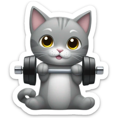 Super cute grey cat working out with black dumbbells bar sticker