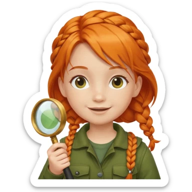 braid orange haired girl kid in moss green explorer outfit, holding magnifying glass, smile sticker