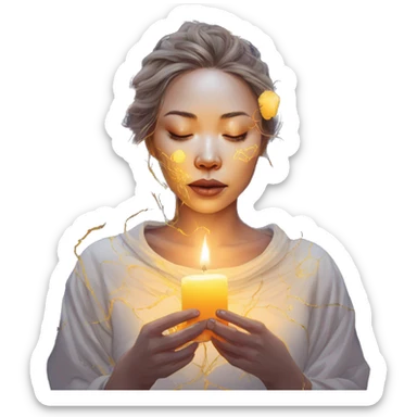 Kintsugi person melting into graffiti galaxies with candles lanterns and fairy lights sticker