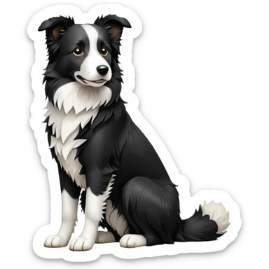 cinematic-[border collie dog]-realistic-full-body-sitting-emoji,-tail-resting-loosely-beside-its-paws,-head-tilted-dramatically,-scruffy-[black and white]-fur,-simplified-yet-realistic-focused-features,-highly-detailed,-glowing-with-an-almost-sarcastic-glow sticker