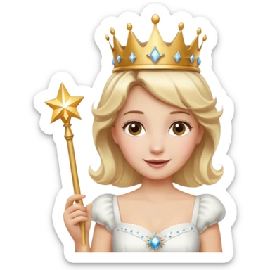 dorothy queen blonde hair, white dress with magic wand, rounded sparcle, and crown on head. sticker