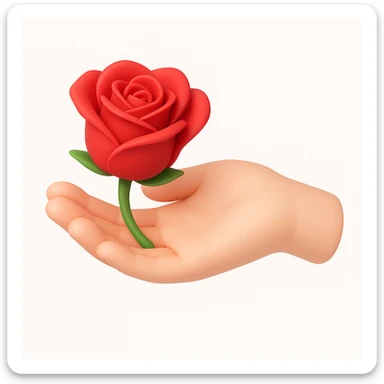 3D iOS style illustration of a hand gently holding a red rose, soft rounded shapes, pastel colors, smooth shading, white or light background, inspired by iOS emoji aesthetics. sticker