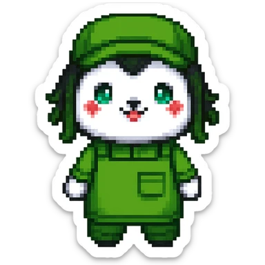 The mascot should be dressed in green clothing typical for grocery store employees, pixel art style sticker