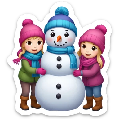 kids building a snowman, simple and expressive sticker