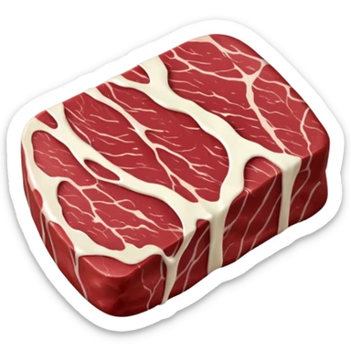 raw beef chuck steak, irregular oval, deep red, creamy white fat streaks, marbling, connective tissue, fresh, moist, thick, no plate, knife, garnish, soft lighting, emoji scale sticker