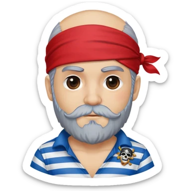 A cute pirate first mate, red bandana, eye patch, blue striped shirt, grey beard, logo, head only sticker