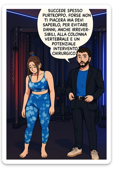 fai questa immagine in versione fumetto/manga/webtoon a colori, il manga mostra l'uomo che risponde alla donne:
Succede spesso purtroppo. 
Forse non ti piacerà ma devi saperlo, per evitare danni, anche irreversibili, alla colonna vertebrale e un potenziale intervento chirurgico. sticker
