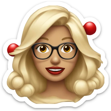 Beautiful blonde woman, blue eyes wearing santa hat and glasses and red lips holding Yorkshire terrier  sticker