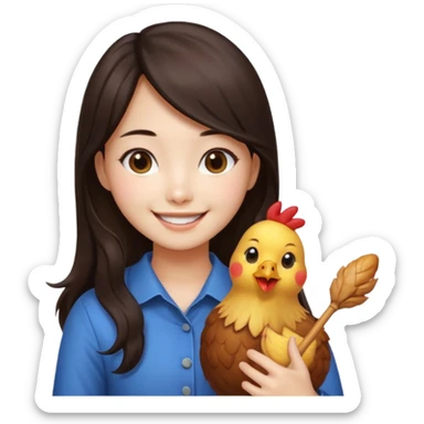 korean girl with long dark brown hair holding a chicken drumstick, emoji style sticker