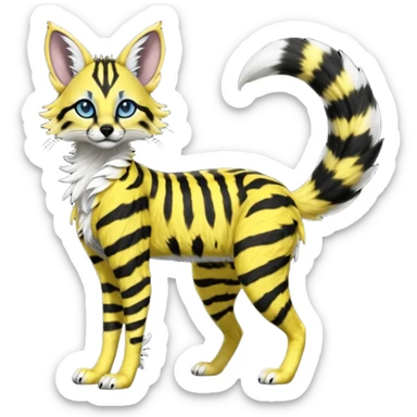 Edgy cool beautiful elegant spotted hype-realistic, black-maned, vibrant yellow Genet-Serval-Sergal-Margay-Fox-fusion-hybrid-furry-fursona, long muzzle snout, full body, with a long puffy fluffy black-and-white-striped tail, black long big ears, with natural blue eyes sticker