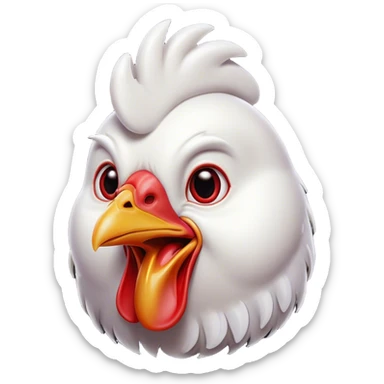 Cinematic Comical White Chicken Portrait Emoji, Head tilted dramatically with an exaggeratedly shocked or amused expression, featuring a sleek, immaculate white plumage with a prominent red comb, wide, expressive beady eyes filled with playful disbelief, Simplified yet hilariously expressive features, highly detailed, glowing with a slightly sassy glow, high shine, dramatic yet playful, stylized with an air of cheeky mischief, bright and endearing, soft glowing outline, capturing the essence of a spirited and over-the-top chicken, so meme-worthy it feels like it could cluck its way into internet fame instantly! sticker