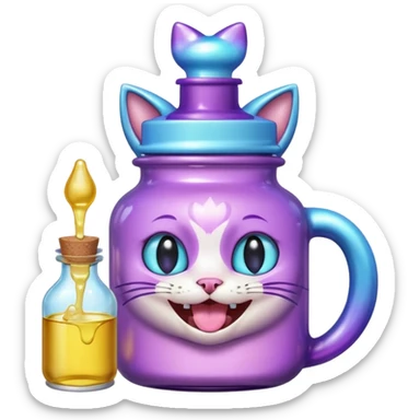 Smiling bottle of oil light purple top and light blue sticking tongue out and with cat ears sticker