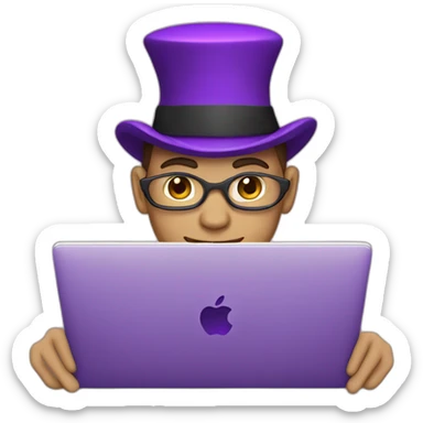 light skin magician with a purple magic hat working on a macbook sticker
