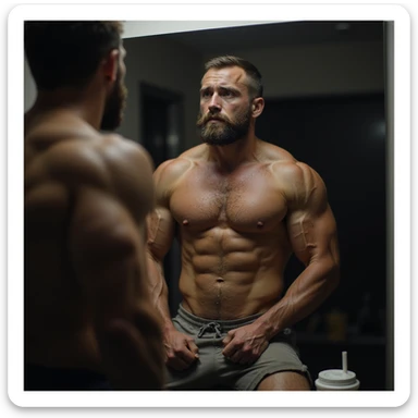 realistic bodybuilder man very lean in cutting phase, bare chest in front of mirror, dry and less full muscles, visible veins, visibly lean body, worried or doubtful expression, gym background with dim light, protein shaker on bench sticker