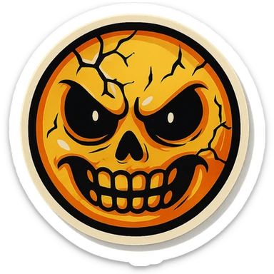creepy scary emoji with cracks, retro stickers style, sharp black outlines, expressive shadows and highlights, no gradients, only sharp color transitions sticker