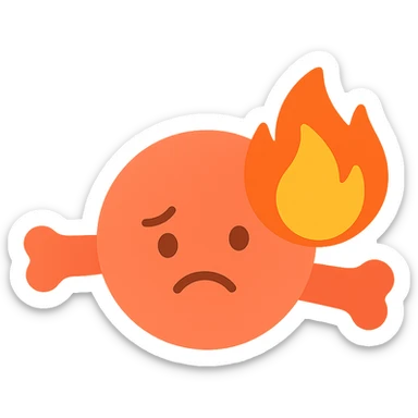 inflamed muscle or joint with fire symbol, sad face, orange-red color palette, medical cartoon icon sticker