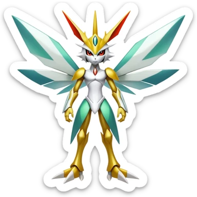Cute Cool Edgy Shiny Futuristic Ethereal Legendary Kartana-Digimon-hybrid full body sticker