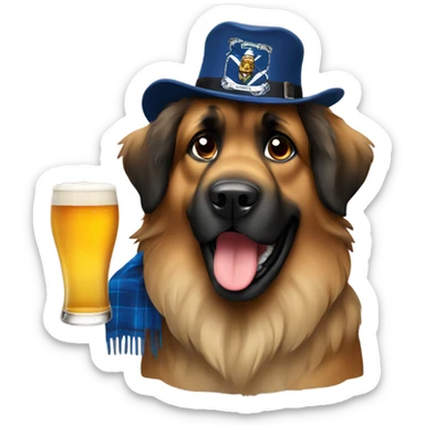 Leonberger dog holding a beer with a Scotland hat sticker