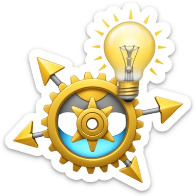 a gray gear with yellow curved raising arrow behind it on the right side, and then a small golden beaming light bulb on the left side sticker