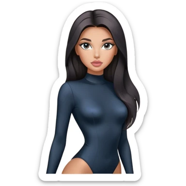 Glamours, tanned, very beautiful girl, with big pump peach-beige-rose lips, long long lashes, black straight smooth silky long hair, straight parting hair, blue-grey eyes in black long-sleeves bodysuit sticker
