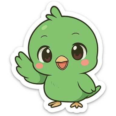 green chibi anime bird waving hello, cute expression, chibi style, anime style, cute character, waving hand sticker