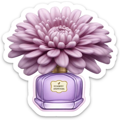 Aesthetic composition of pastel purple chrysanthemums and an antique pink perfume bottle. sticker