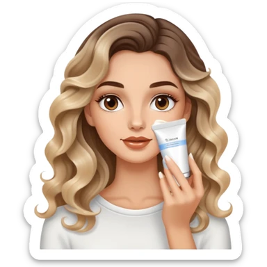 beautiful brunette with a slightly blonde balayage white girl with nice curls/defined waves, very long hair, clean girl makeup APPLYING A FACE CREAM ON HER FACE sticker