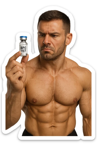 BODYBUILDER CHE TIENE IN MANO UNA FIALA MEDICA CON la scritta "BPC 157" SULL'ETICHETTA E LA GUARDA DUBBIOSO, iperrealistico 4k sticker