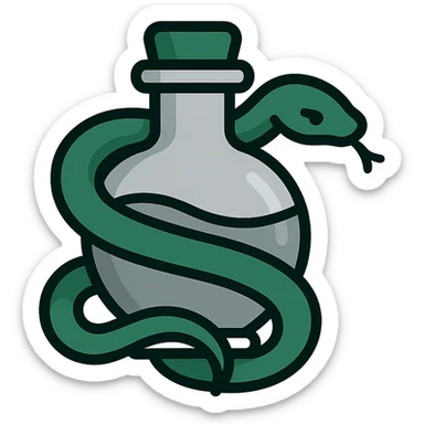 digital sticker of a serpent coiled around a potion bottle, in Slytherin green and silver, semi-realistic vector art style, clean outlines, flat colors, slight shadows, for a sticker sheet sticker
