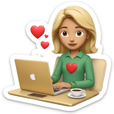 3D clay character relaxed with laptop and coffee, floating icons (envelope, heart, dollar), deep green (#0B3D2C) outfit, gold icons, cream laptop, Pixar style, transparent background sticker