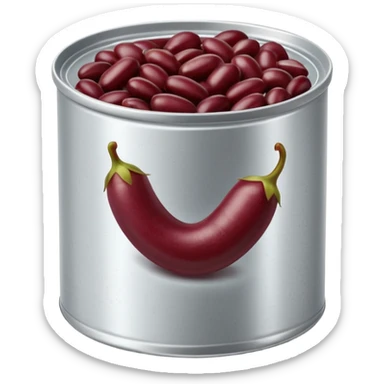 open metal can filled with glossy dark red kidney beans in thick slightly starchy liquid, beans plump smooth gently mounded in plain partially opened tin can, no label or extras, apple emoji style, soft lighting, subtle shadows, transparent background, emoji scale sticker