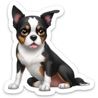 Boston terrier sitting with a Australian Shepherd sticker