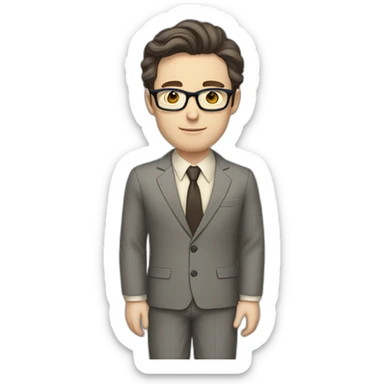 Full height Pale skinned Fit Man With dark brown hair in classic gray suit, beige office shirt, dark gray tie, and vintage glasses. His hands lock sticker