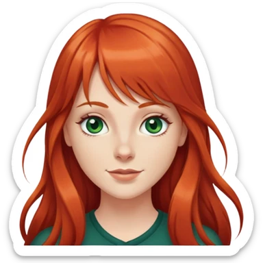 Long red hair white girl with bangs, dark green eyes, dimples  sticker