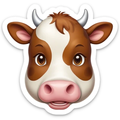 Cinematic Cute Brown and White Cow Portrait Emoji, Head tilted playfully and inquisitively, featuring a glossy, richly patterned hide of brown with striking white patches, round, sparkling brown eyes filled with gentle curiosity, Simplified yet irresistibly adorable features, highly detailed, glowing with a warm, friendly glow, high shine, affectionate and serene, stylized with a touch of country charm, bright and endearing, soft glowing outline, capturing the essence of a mischievous yet loving cow, so playful it feels like it could moo out of the screen and into your arms! sticker