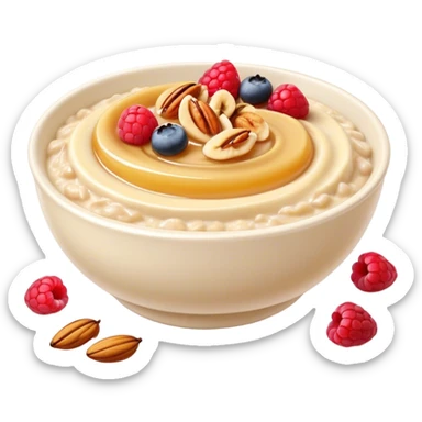 Cinematic creamy oatmeal, smooth texture with a swirl of honey on top, garnished with fresh berries and nuts, warm and comforting, cozy golden tones, rich and delicious. sticker