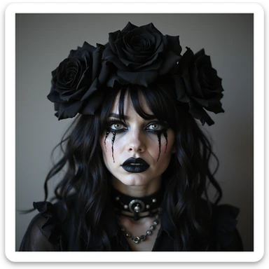 BLACKPINK inspired goth emoji, photorealistic style, black roses, dark tears, haunting look, deep shadows sticker