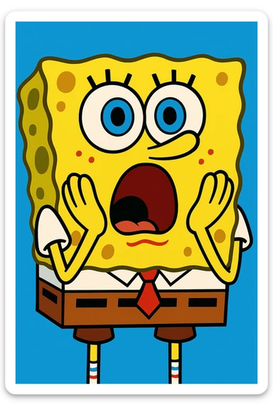 SpongeBob SquarePants, surprised face, yellow sponge, cartoon, big blue eyes, hands on cheeks, white shirt, brown pants sticker