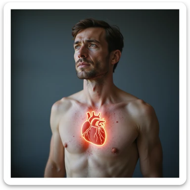 realistic adult man with simple clothing, body showing signs of autoimmune diseases: stylized thyroid and heart highlighted, skin with spots and swelling, discomfort atmosphere, realistic details, clinical background, 4K quality sticker