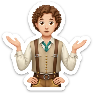 German person with brown curly hair in typical Bavarian clothing (lederhosen) shrugging and looking lost sticker