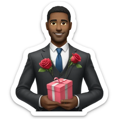Hyper Realistic handsome man in suit holding roses and a heart shaped gift box sticker